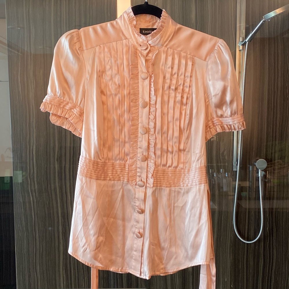 BEBE Satin Tuxedo Blouse in Pink